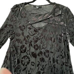 Velvet Floral Burnout Asymmetric Tunic NWT Cut Out Long Sleeve Black Sheer Med